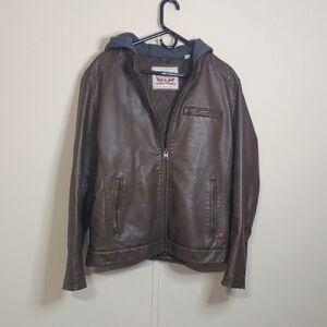 Levi's Faux Leather Jacket Brown Hoodie Full Zip Men's Size Large